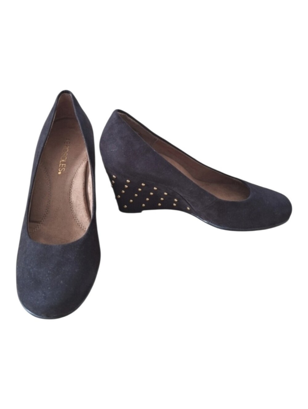 Aerosoles Women's Plum Tree Black Suede Studded Wedge Heels Pumps Like New sz7